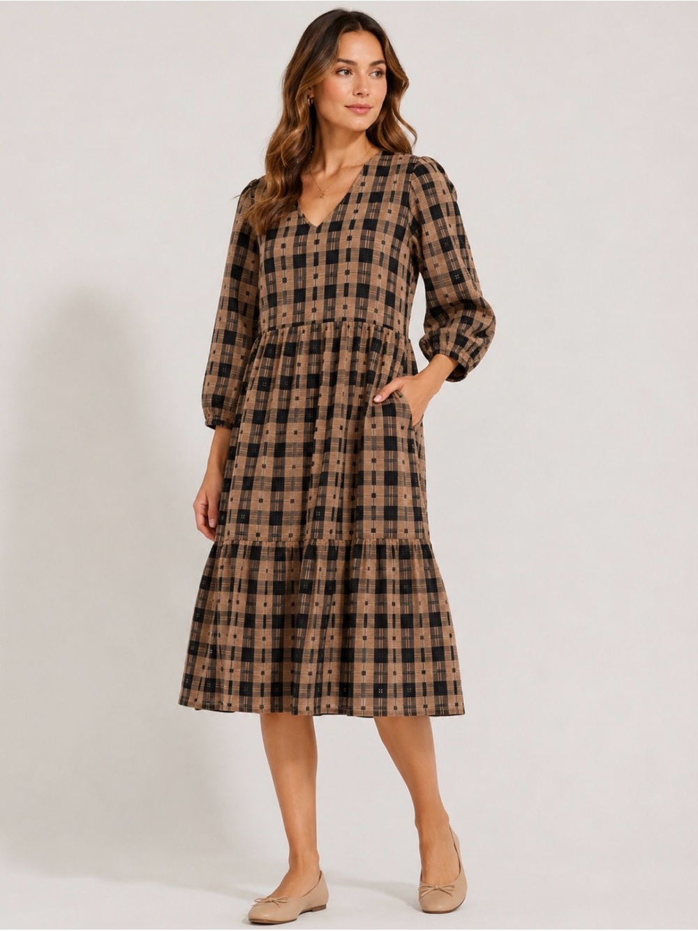YAS Plaid Tiered Midi Dress – Tan & Black – Size S